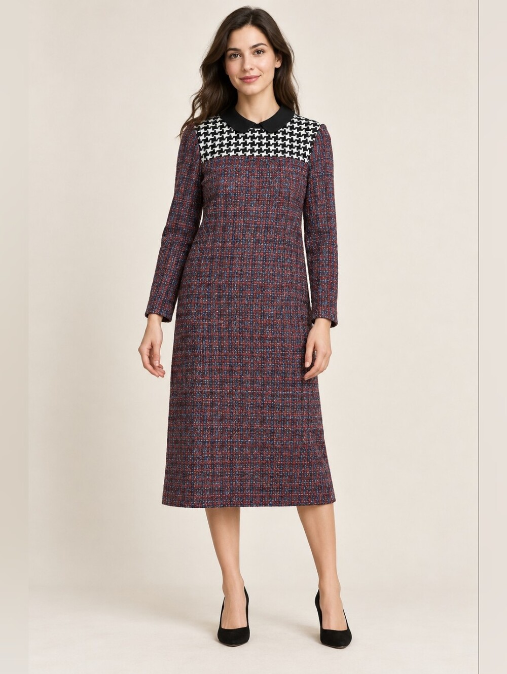Sisley Black and Red Houndstooth Collared Midi Dress Size 42EU